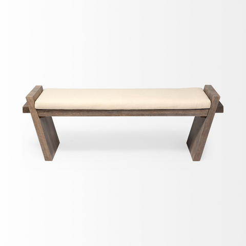 "14"" Off White And Brown Upholstered Linen Blend Bench" - WhatYouNeedSales