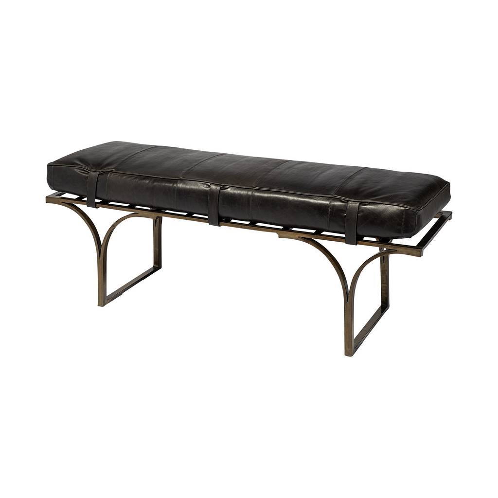 "16"" Black And Antiqued Brass Upholstered Genuine Leather Bench" - WhatYouNeedSales