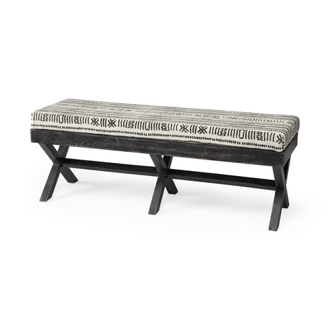 "16"" Off White And Black Upholstered Cotton Blend Bench" - WhatYouNeedSales