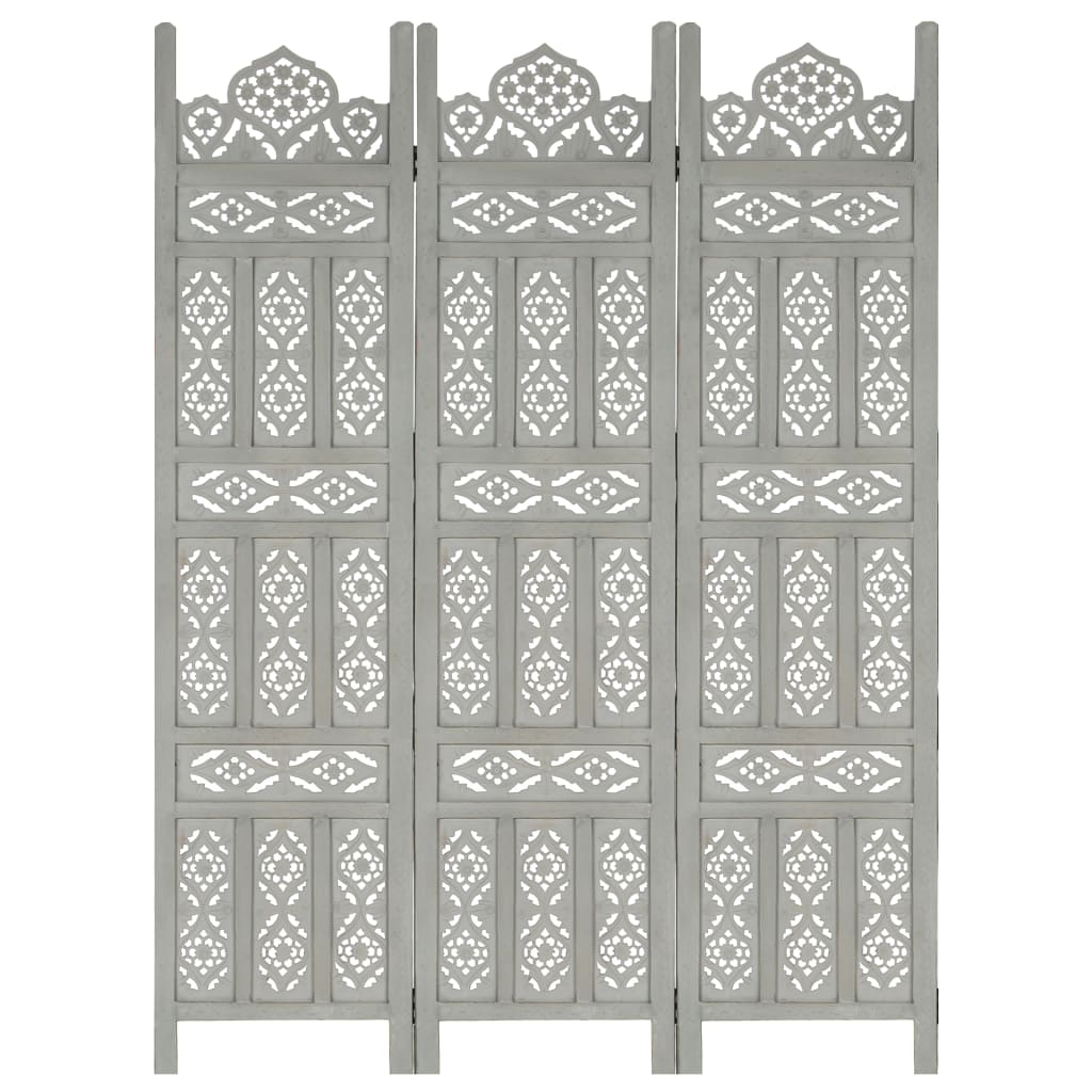 vidaXL Hand Carved 3-Panel Room Divider Gray 47.2"x65" Solid Mango Wood - Elegant Privacy Screen for Your Home