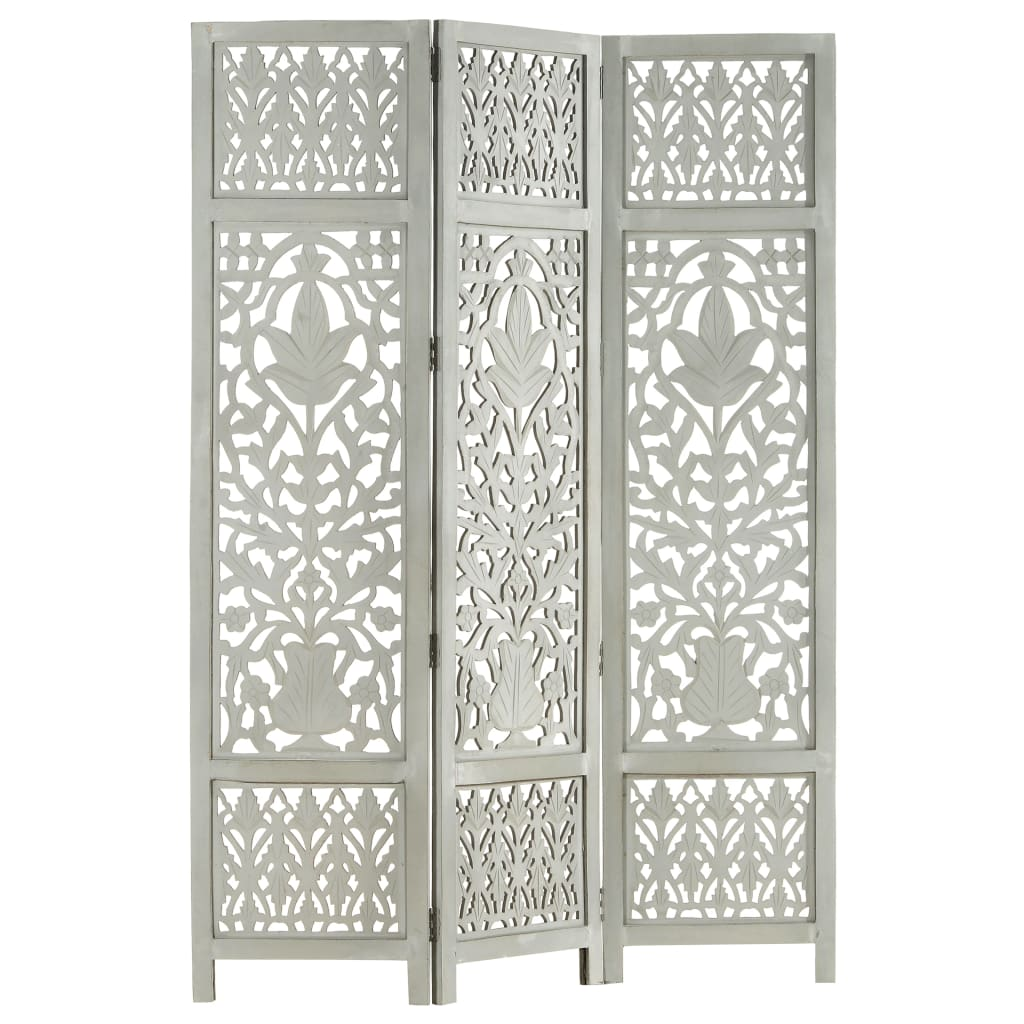 vidaXL Hand Carved 3-Panel Room Divider Gray 47.2"x65" Solid Mango Wood