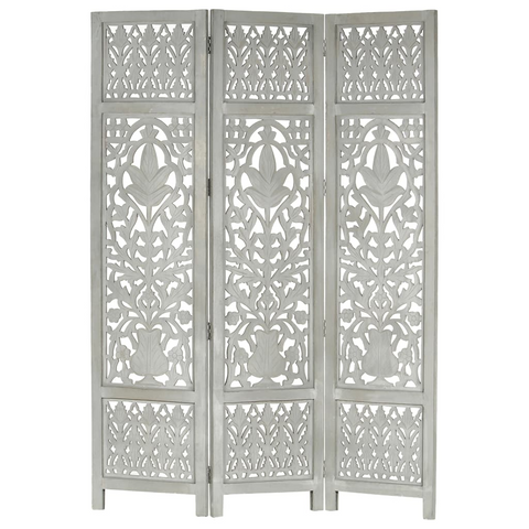 vidaXL Hand Carved 3-Panel Room Divider Gray 47.2"x65" Solid Mango Wood