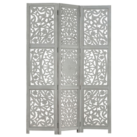 vidaXL Hand Carved 3-Panel Room Divider Gray 47.2"x65" Solid Mango Wood