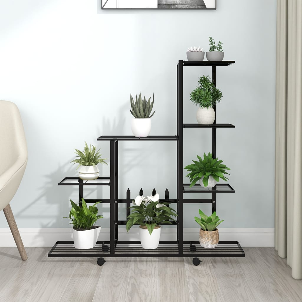 vidaXL Flower Stand with Wheel 37.2"x9.8"x36.4" Black Metal - Sturdy and Spacious Plant Rack with Easy Mobility