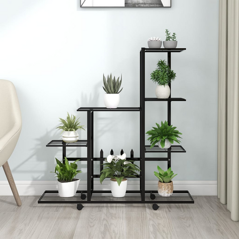 vidaXL Flower Stand with Wheel 37.2"x9.8"x36.4" Black Metal - Sturdy and Spacious Plant Rack with Easy Mobility