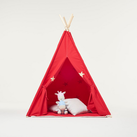 Teepee Play Tent Red and Fluorescent Stars with Cushion - Glowing Magical Hideaway