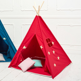 Teepee Play Tent Red and Fluorescent Stars with Cushion - Glowing Magical Hideaway