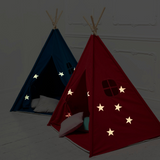 Teepee Play Tent Red and Fluorescent Stars with Cushion - Glowing Magical Hideaway