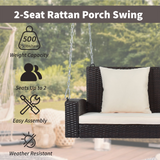 2-Person Wicker Hanging Porch Swing with Chains Cushion