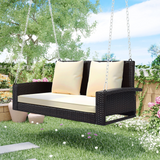 2-Person Wicker Hanging Porch Swing with Chains Cushion