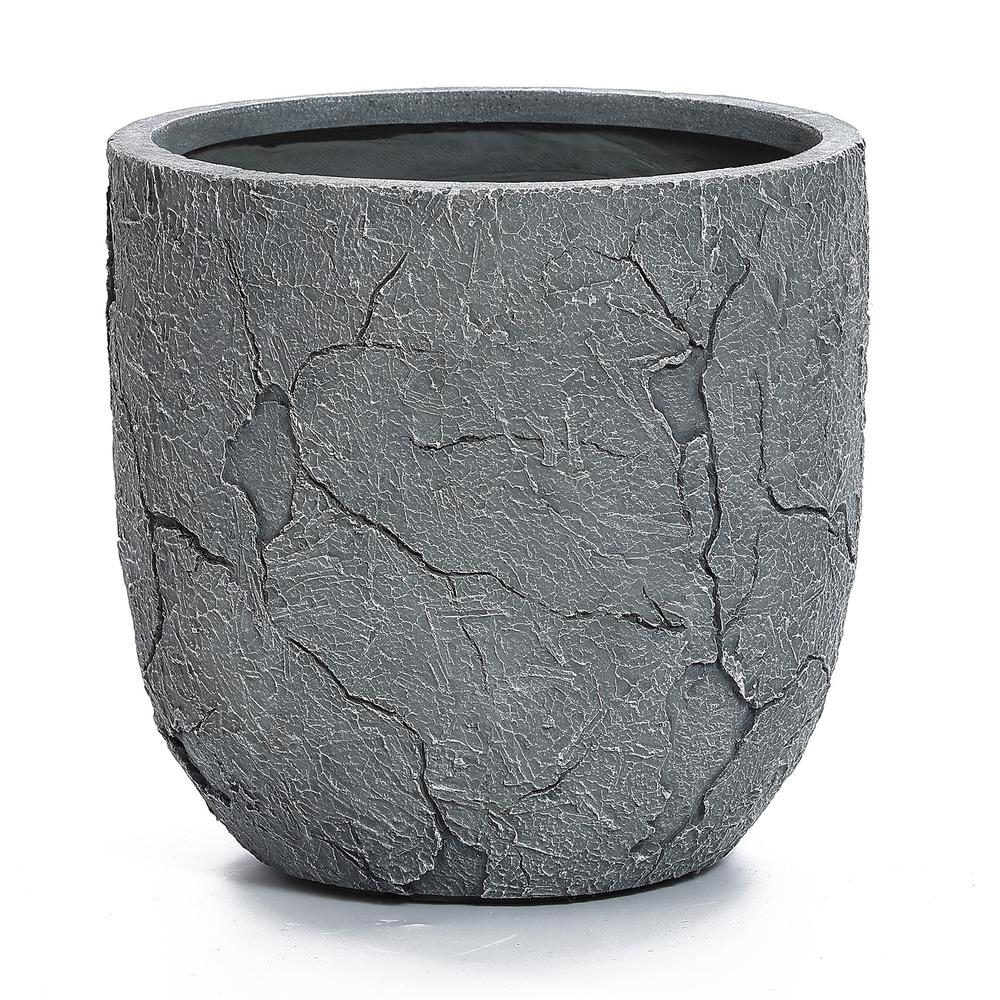 Crackle Gray MgO 14.6" Round Planter - Rustic Mid-Century Modern Design