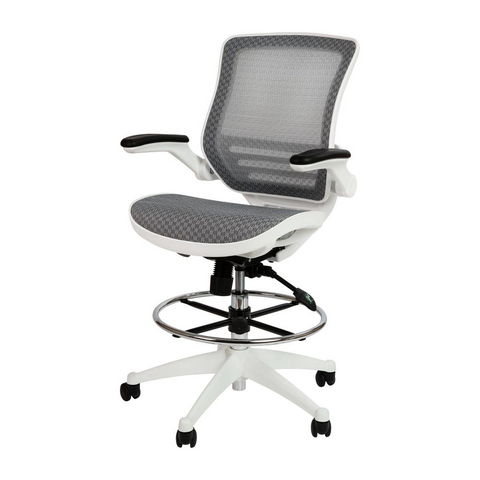 Mid-Back Transparent Gray Mesh Drafting Chair with White Frame and Flip-Up Arms