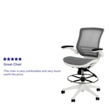 Mid-Back Transparent Gray Mesh Drafting Chair with White Frame and Flip-Up Arms