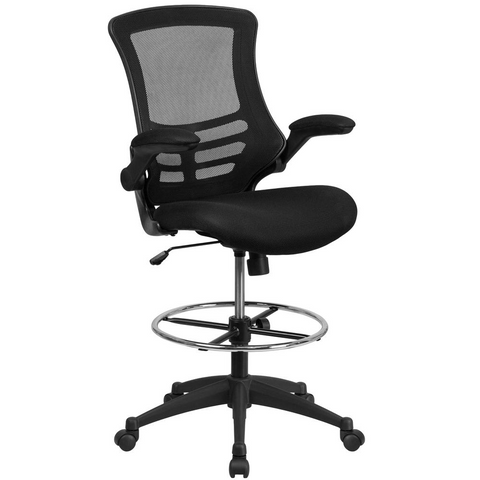 Mid-Back Black Mesh Ergonomic Drafting Chair with Adjustable Foot Ring and Flip-Up Arms