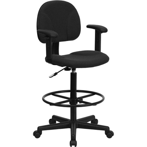 Black Patterned Fabric Drafting Chair with Adjustable Arms