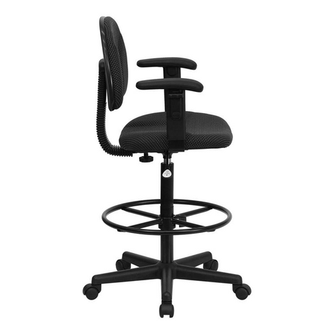 Black Patterned Fabric Drafting Chair with Adjustable Arms