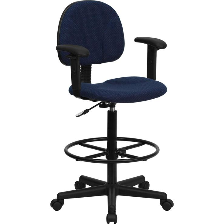 Navy Blue Patterned Fabric Drafting Chair with Adjustable Arms