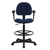 Navy Blue Patterned Fabric Drafting Chair with Adjustable Arms