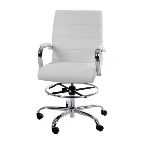 Mid-Back White LeatherSoft Drafting Chair with Adjustable Foot Ring and Chrome Base