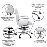 Mid-Back White LeatherSoft Drafting Chair with Adjustable Foot Ring and Chrome Base