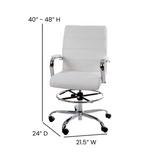 Mid-Back White LeatherSoft Drafting Chair with Adjustable Foot Ring and Chrome Base