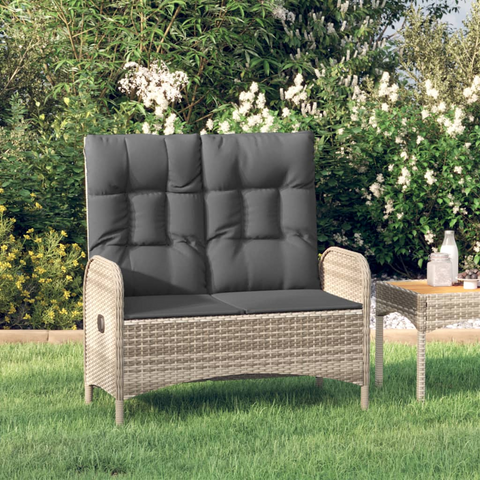 vidaXL Reclining Patio Bench with Cushions - Poly Rattan Gray | Outdoor Furniture