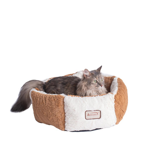 Armarkat Pet Bed Model C02NZS/MB - Earth Brown and Ivory | Comfortable Plush Bed for Cats and Extra Small Dogs