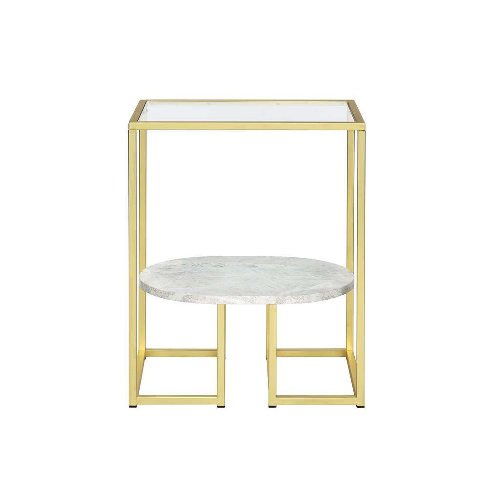 End Table, Gold - Modern Style with Glass Top and Faux Marble Shelf