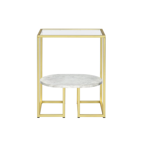 End Table, Gold - Modern Style with Glass Top and Faux Marble Shelf