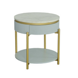 Round End Table - Art Deco Style with Hidden Drawer and Fluted Design