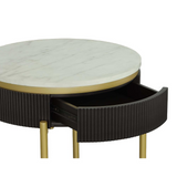 Elegant Round End Table with Convex Fluting and Hidden Drawer - Art Deco Style