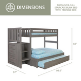 Solid Pine Mission Staircase Twin, Full Bunk Bed with Drawer Chest - Charcoal Grey Finish