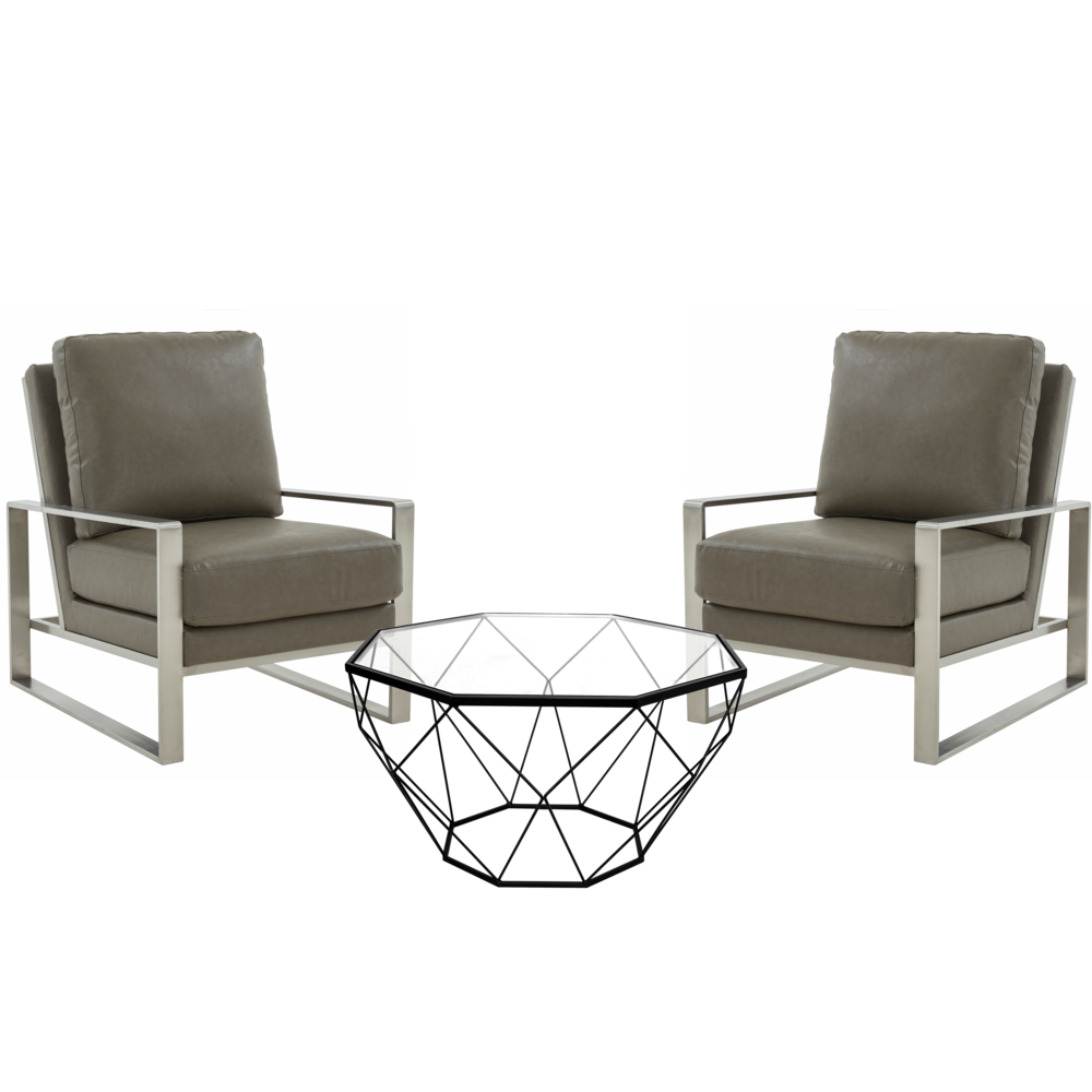 Luxurious Leather Armchair with Silver Frame and Large Octagon Coffee Table