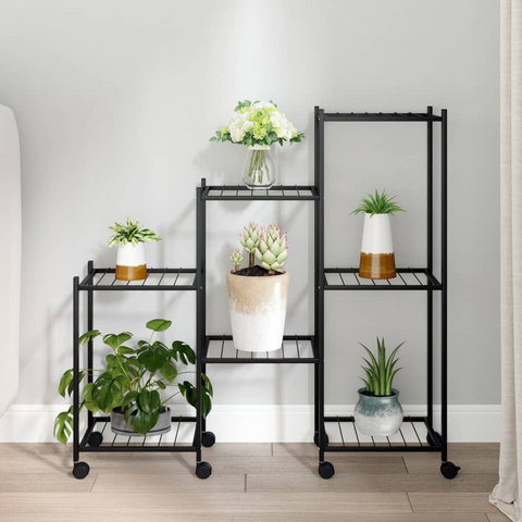 vidaXL Flower Stand with Wheels 32.7"x9.8"x32.9" Black Iron - Premium Corner Plant Shelf for Displaying and Organizing Plants