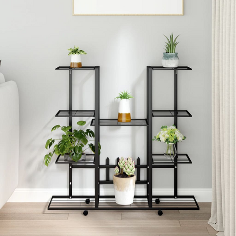 vidaXL Flower Stand with Wheels 37.2"x9.6"x36" Black Iron - Durable Plant Rack with Sturdy Frame