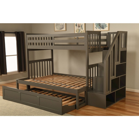 Kelcie Twin-Full Bunk Bed Dark Gray+Tray - Sturdy Hardwood Construction, Twin Size Bed, Easy Assembly