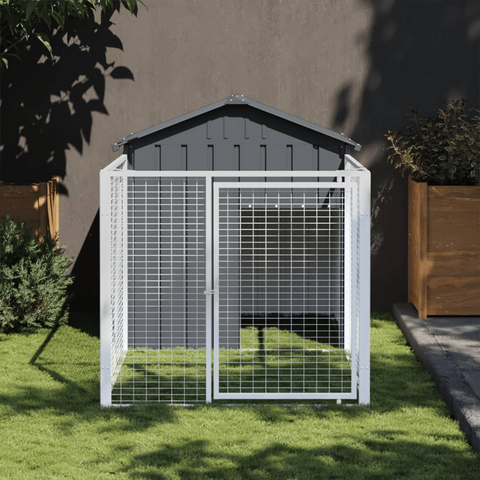 vidaXL Dog House with Run Anthracite 46.1"x79.1"x48.4" Galvanized Steel - Provide Safety and Comfort for Your Furry Friends