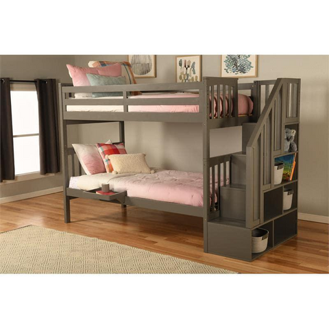 Kelcie Twin-Twin Bunk Bed Dark Gray+Tray - Sturdy Solid Hardwood Construction