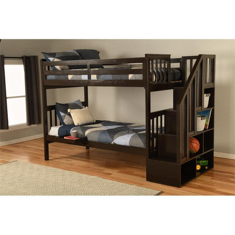 Kelcie Twin-Twin Bunk Bed Dark Chocolate+Tray - Sturdy Hardwood Twin Bunk Bed