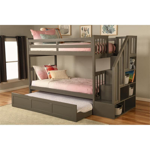 Kelcie Twin-Twin Bunk Bed Dark Gray-Trundle Bed - Sturdy Hardwood Construction, Easy Assembly