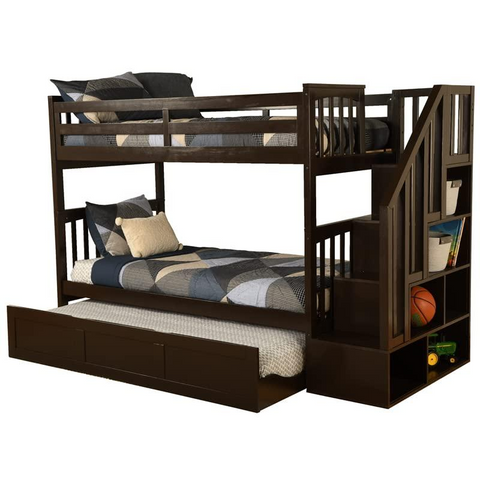 Kelcie Twin-Twin Bunk Bed Dark Chocolate-Trundle Bed - Sturdy Hardwood Construction, Rustic Brown Finish