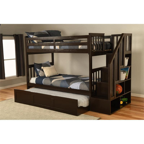 Kelcie Twin-Twin Bunk Bed Dark Chocolate-Trundle Bed - Sturdy Hardwood Construction, Rustic Brown Finish