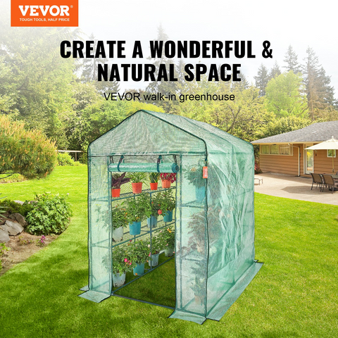 VEVOR Walk-in Green House, 4.6 x 4.6 x 6.6 ft, Greenhouse with Shelves and Zipper Door