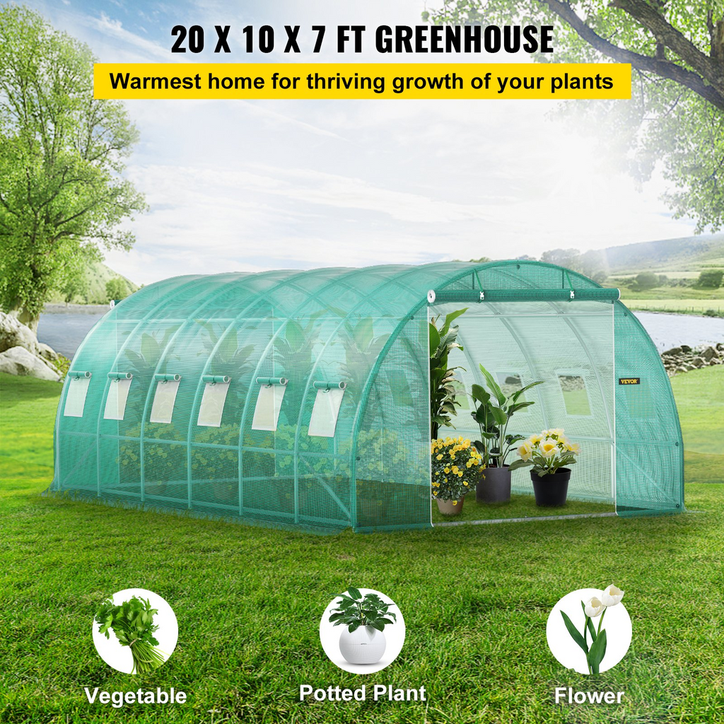 VEVOR Walk-in Tunnel Greenhouse - Portable Plant Hot House with Galvanized Steel Hoops and Roll-up Windows, Green