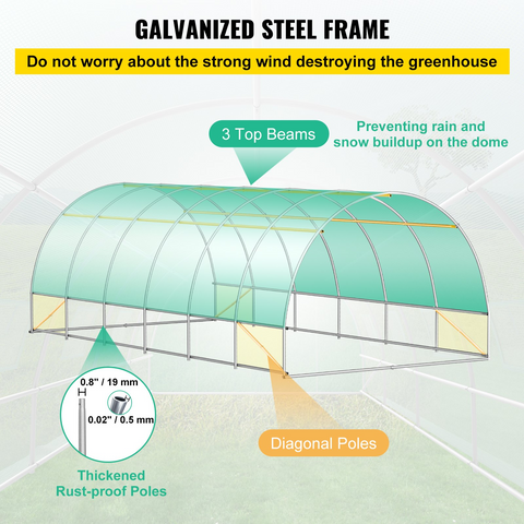 VEVOR Walk-in Tunnel Greenhouse - Portable Plant Hot House with Galvanized Steel Hoops and Roll-up Windows, Green