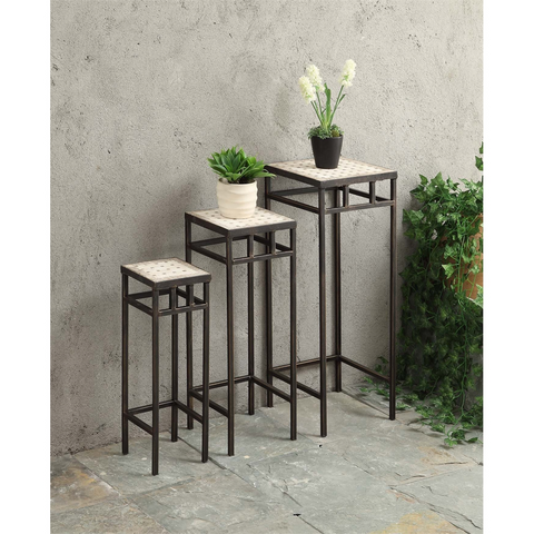 3 Piece Slate Square Plant Stands | Decorative Steel and Travertine Nesting Tables