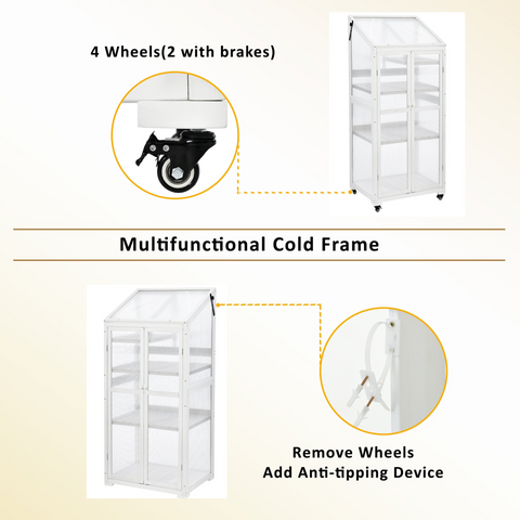 62inch Height Wood Large Greenhouse Balcony Portable Cold Frame with Wheels and Adjustable Shelves, White