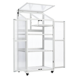 62inch Height Wood Large Greenhouse Balcony Portable Cold Frame with Wheels and Adjustable Shelves, White