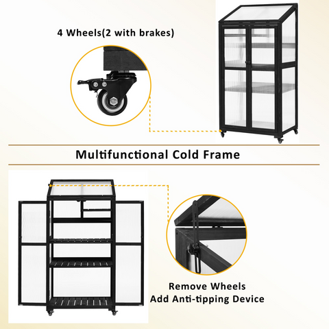 62-inch Height Wood Large Greenhouse Balcony Portable Cold Frame with Wheels and Adjustable Shelves, Black