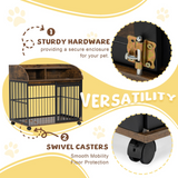 38'' Heavy Duty Dog Crate Furniture for Medium Dog with Lockable Wheels, Wooden Dog Crate Dog Kennel, End Table Crate with Double layer storage, Brown